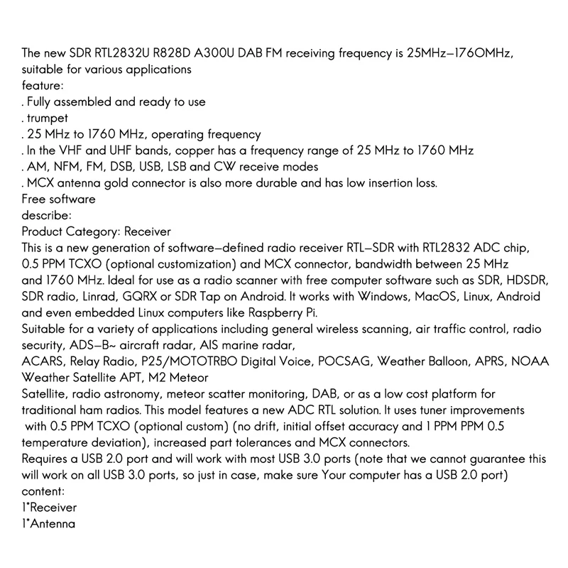 Receptor para SDR, RTL2832U, R828D, A300U, DAB, FM, 25 Mhz -1760 Mhz