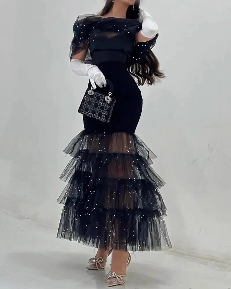 

Glitter Layered Sheer Mesh Party Dress New Fashionable and Sexy Black Mesh Splicing Dress
