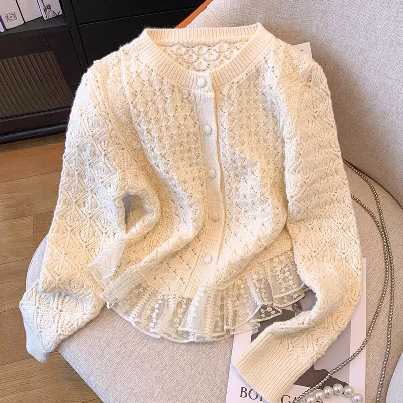 Women Knitted Cardigan Sweaters Lace Spliced Jumpers Patchwork Cut Out O Collar Long Sleeves Loose Fit Sweet Casual 2025 Autumn