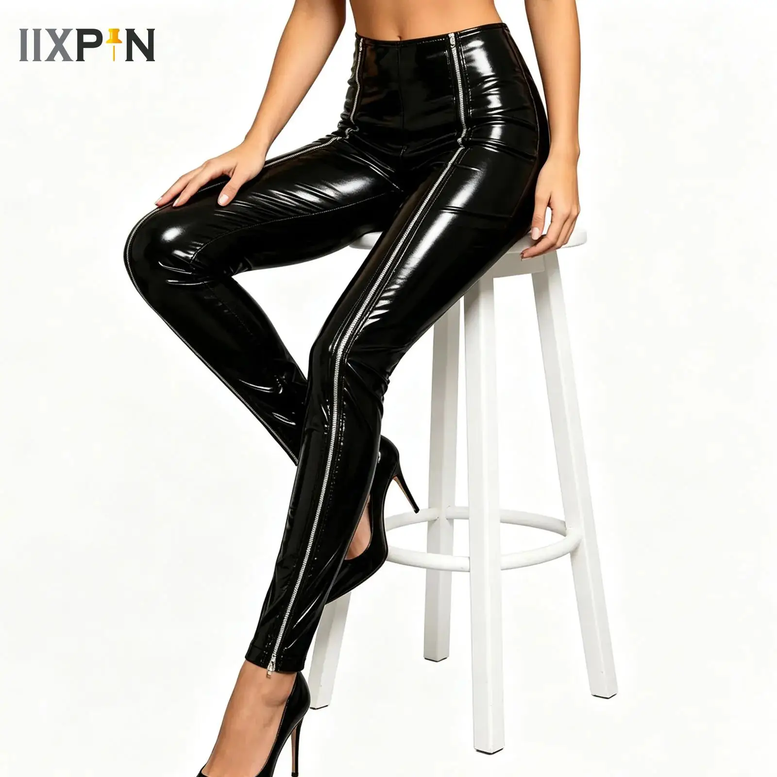Womens High Waist Front Zippers Shiny PU Leather Pencil Pants Skinny Trousers Glossy Wet Look Leggings Rave Party Clubwear