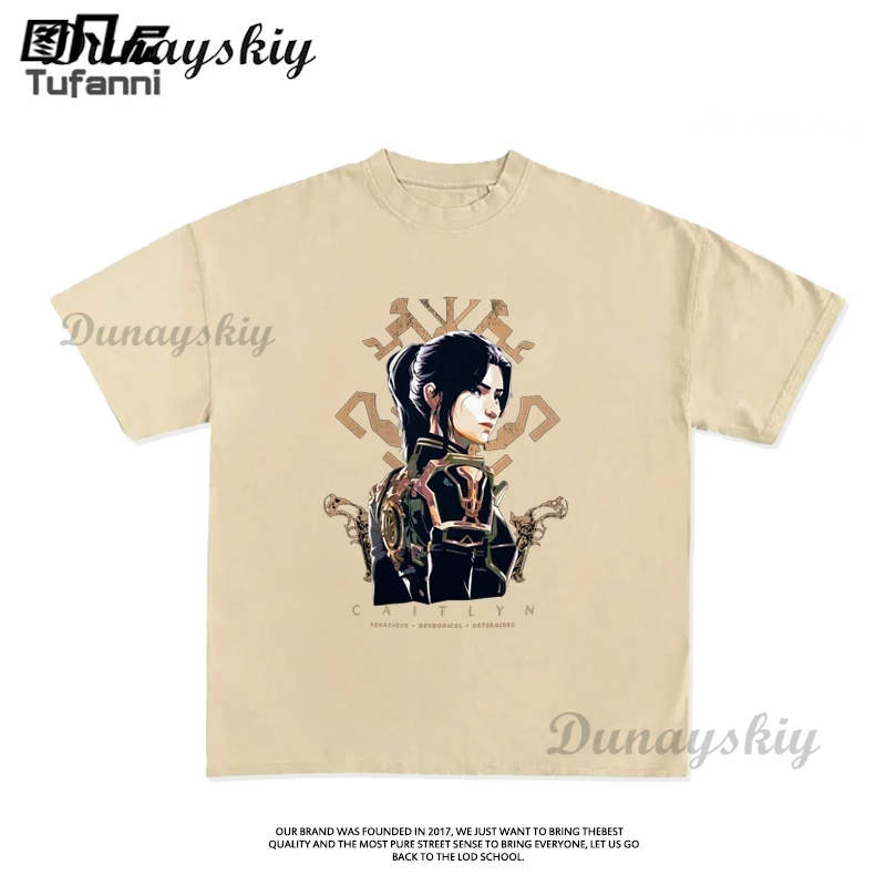 Arcane Caitlyn 코스프레 티셔츠, 남성 미적 애니메이션 Vi Jinx 티셔츠, 만화 캐주얼 빈티지 코튼 셔츠, 맞춤형 패션