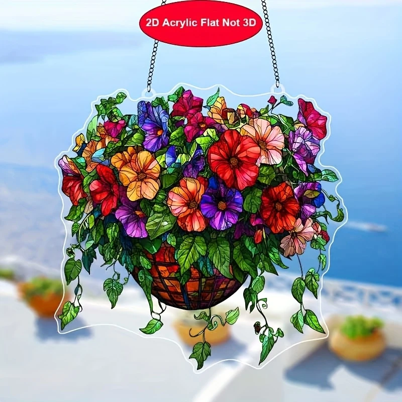 20CM Delicacy Flower Basket 2D Acrylic Sunlight Catcher Window Hanging Potted Plants Living Room Garden Party Artwork Queue Gift