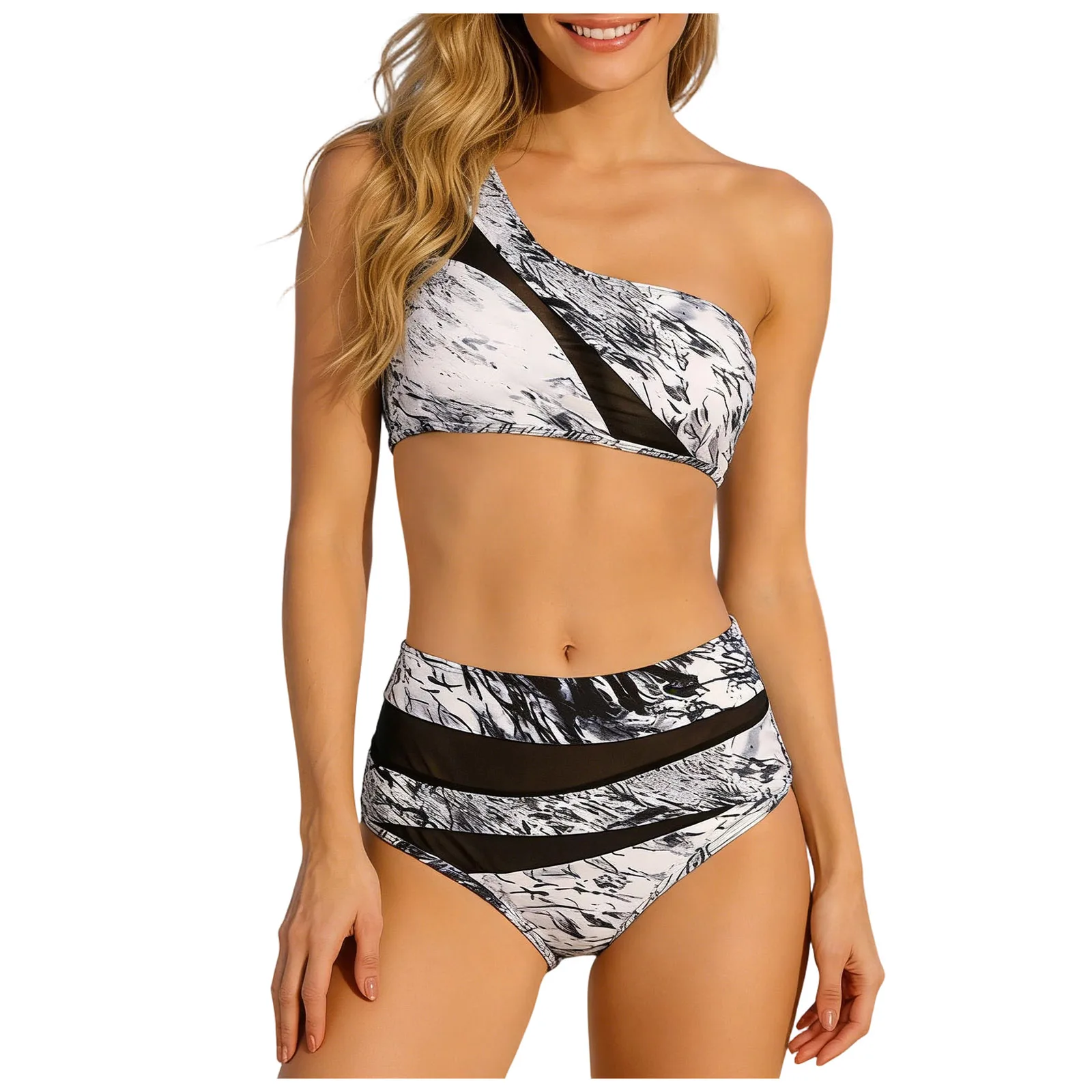 Fashion Patterned Bikini Swimsuit Mesh Single Shoulder High Waist Backless Sexy Split Swimsuit