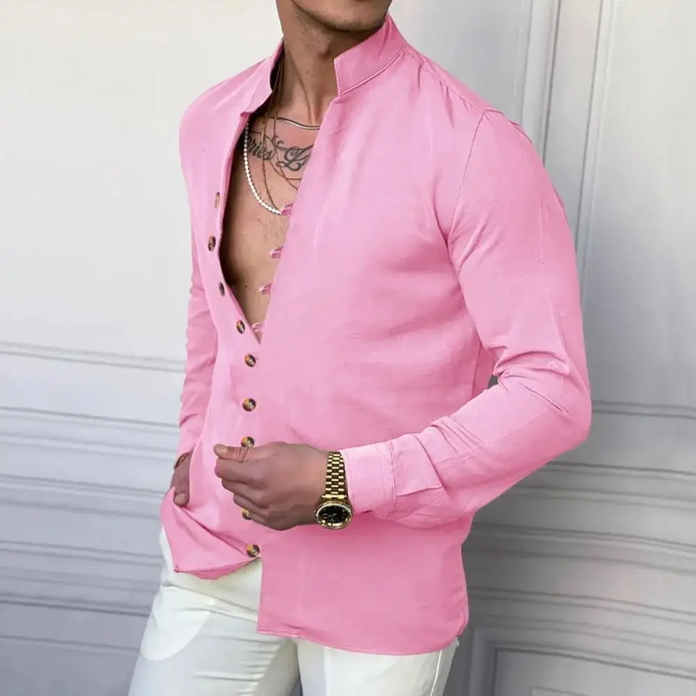 2025 린넨 남성 긴팔 셔츠 캐주얼 베이직 스타일 패션 싱글 브레스티드 셔츠 무슬림 남성 의류 헨리 남성 버튼업