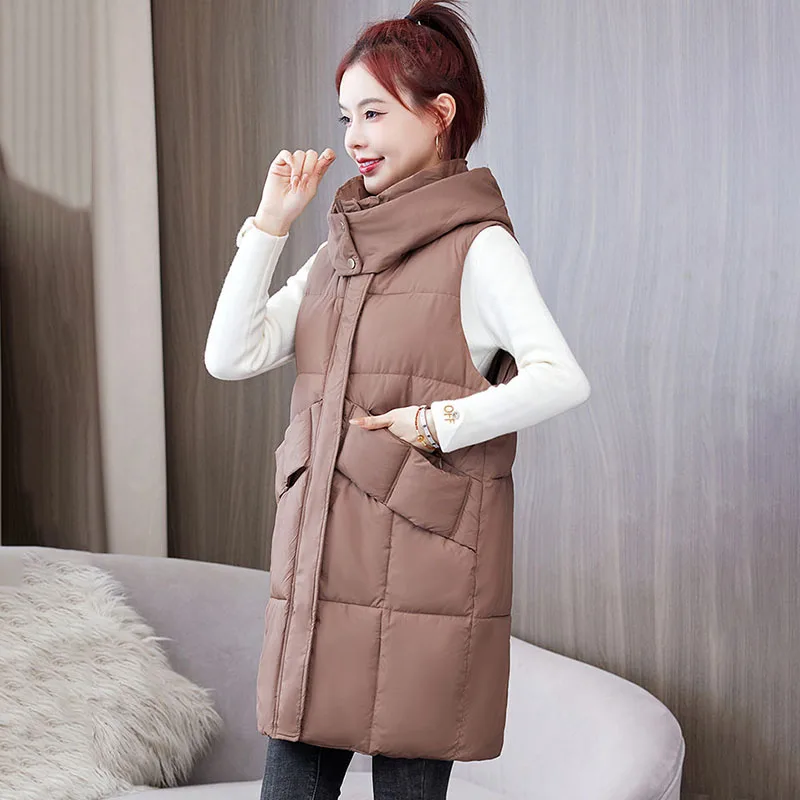 

Autumn Winter New Down Cotton Vest Women's Overcoat Mid-length Korean Loose Hooded Thicke Warm Parka Cotton Vest Waistcoat