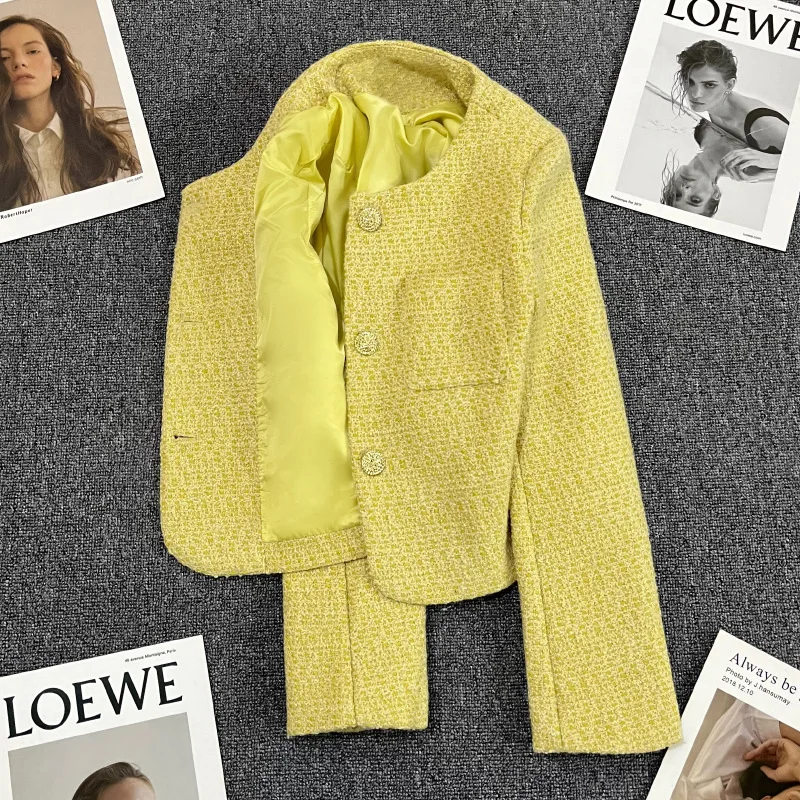 Lemon Yellow Short Suit Coat Women\'s Autumn Casual High Quality Blazers