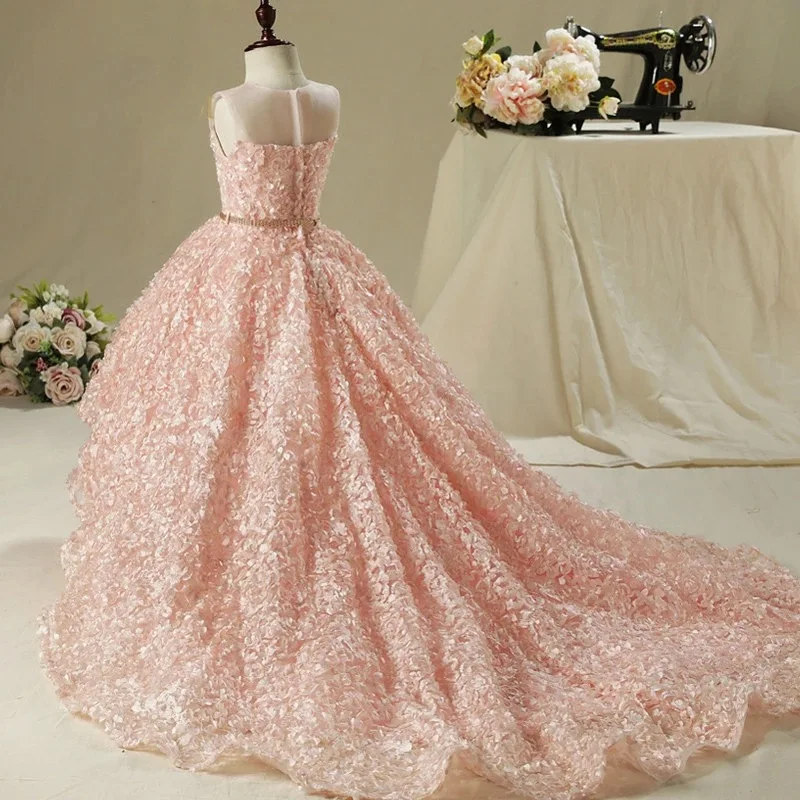 Boutique Customize Kids Pink Floral Evening Gown Girls Flowers Pearls A-Line Split Layered Long Tail Birthday Party Prom Dresses