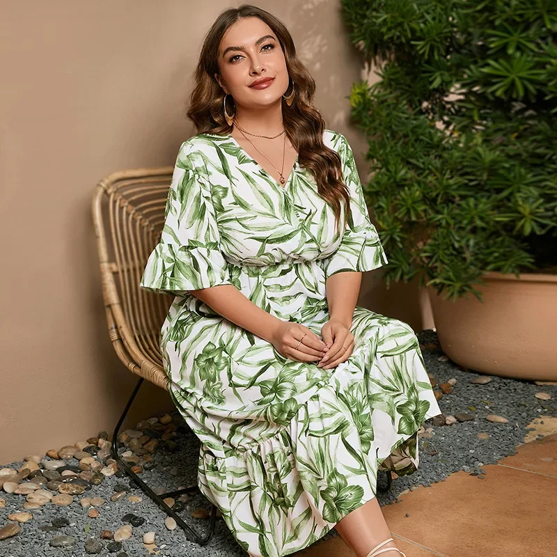 Hot selling summer leisure vacation oversized dress with flared sleeves and large hem long skirt plus size women clothing