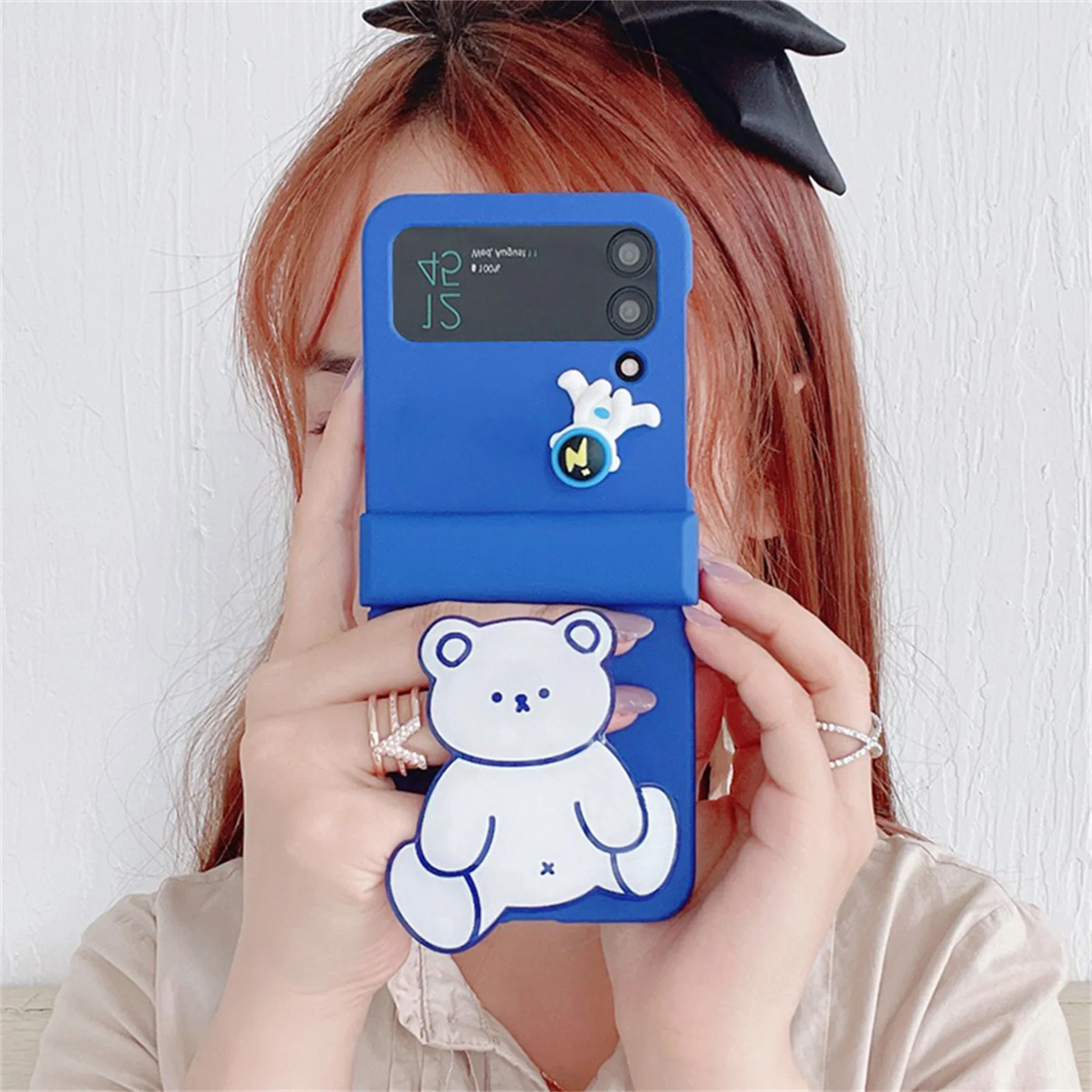 

Korean Cute 3D Cartoon Bear Bracket Phone Case with Holder for Samsung Galaxy Z Flip 3 4 5G Z Flip4 Flip Flip 4 Zflip4 Cover