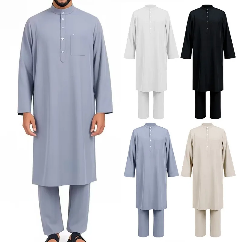 新しいイスラム教徒立ち襟ローブメンズ中東エスニックスタイル無地長袖ローブスーツ 2 点セット