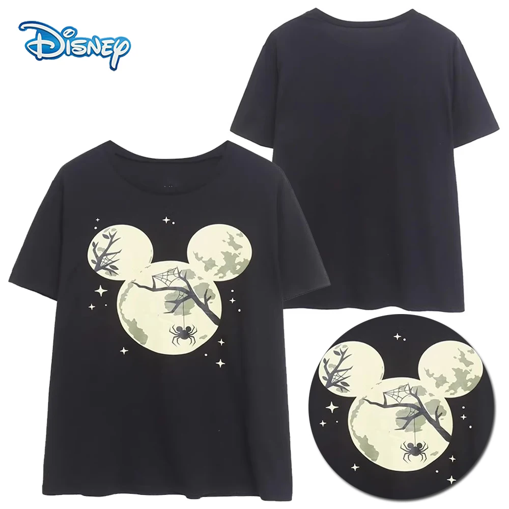 

Disney Halloween Mickey Mouse Moon Cartoon Print Funny T-Shirt Women Short Sleeve O-Neck Pullover Tee Top Black Streetwear Femme