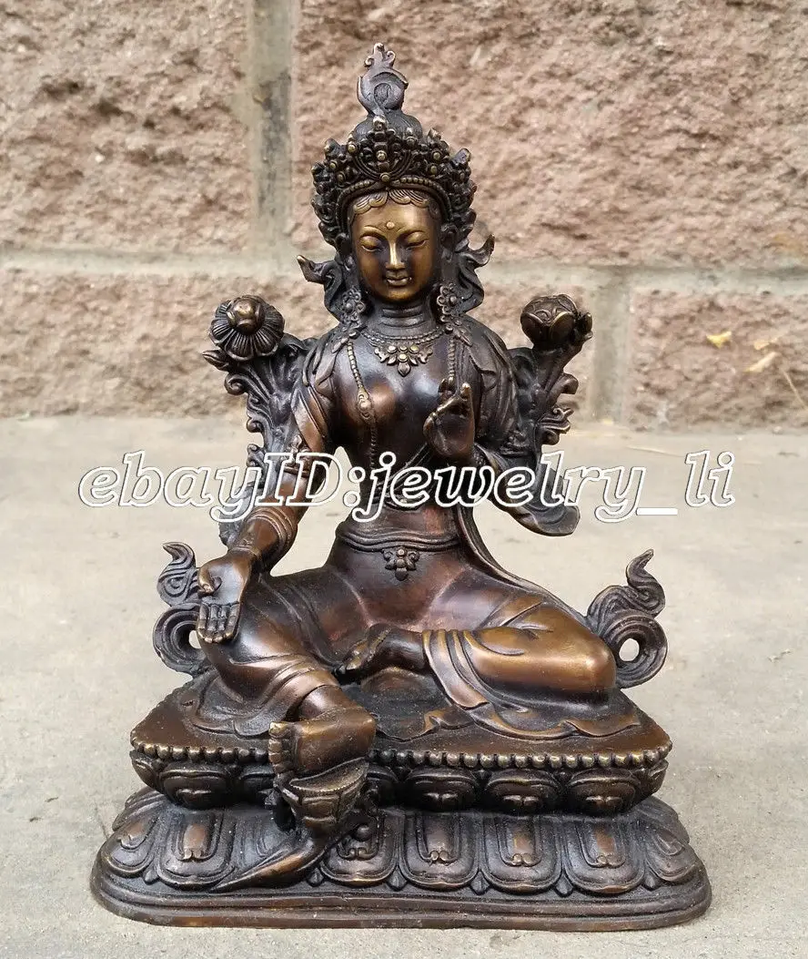 AntiqueBuddhism Vintage Bronze Bodhisattva Green Tara God Kwan-yin Buddha Statue