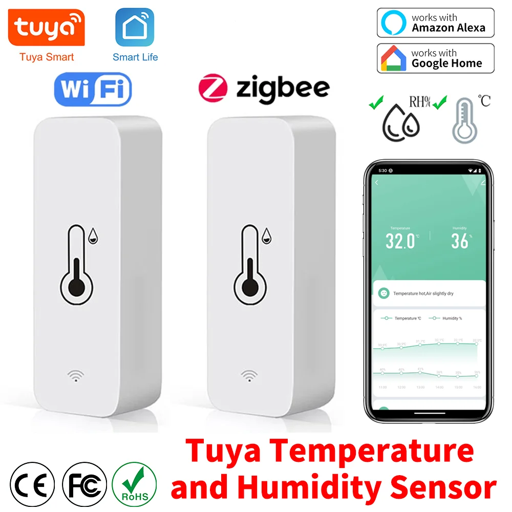 Tuya Zigbee WiFi Temperature And Humidity Sensor APP Remote Monitor For Smart Home var SmartLife WorkWith Alexa Google Assistant