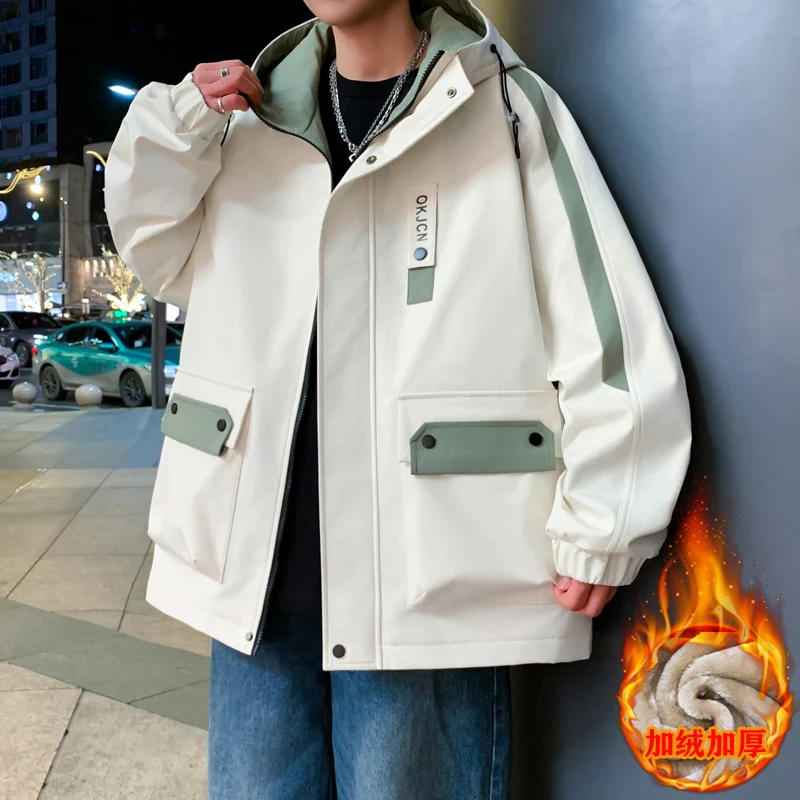

Fashion Thicken Fleece Liner Hooded Jackets 2025 Winter Men's Streetwear Windproof Warm Plush Coats Casual Velvet Padded Parkas
