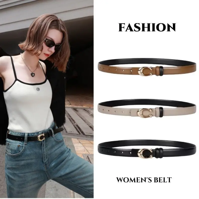 2025 Women's Leather Belt – 2.3cm Wide, Korean Style C Buckle, Slim Waist Belt for Skirt & Jeans, Minimalist Ins Fashion, Revers