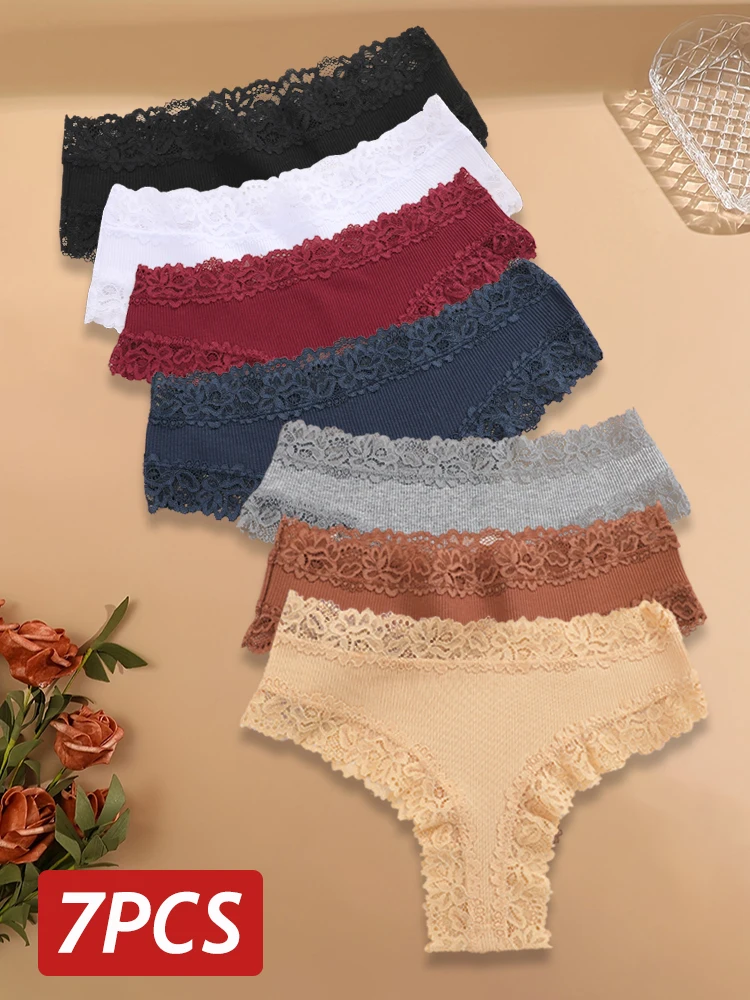 7PCS/Set Women Lace Cotton Panties Sexy Seamless Brazilian Panties Ribbed Breathable Girls Sexy Low Rise Underwear Soft Lingerie