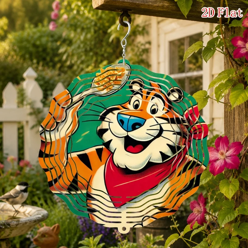 2D Flat Metal 3D Rotating Wind Chime with Tiger Pattern, Comes with Rotating Hook, Suitable for Outdoor Gardens and Patios