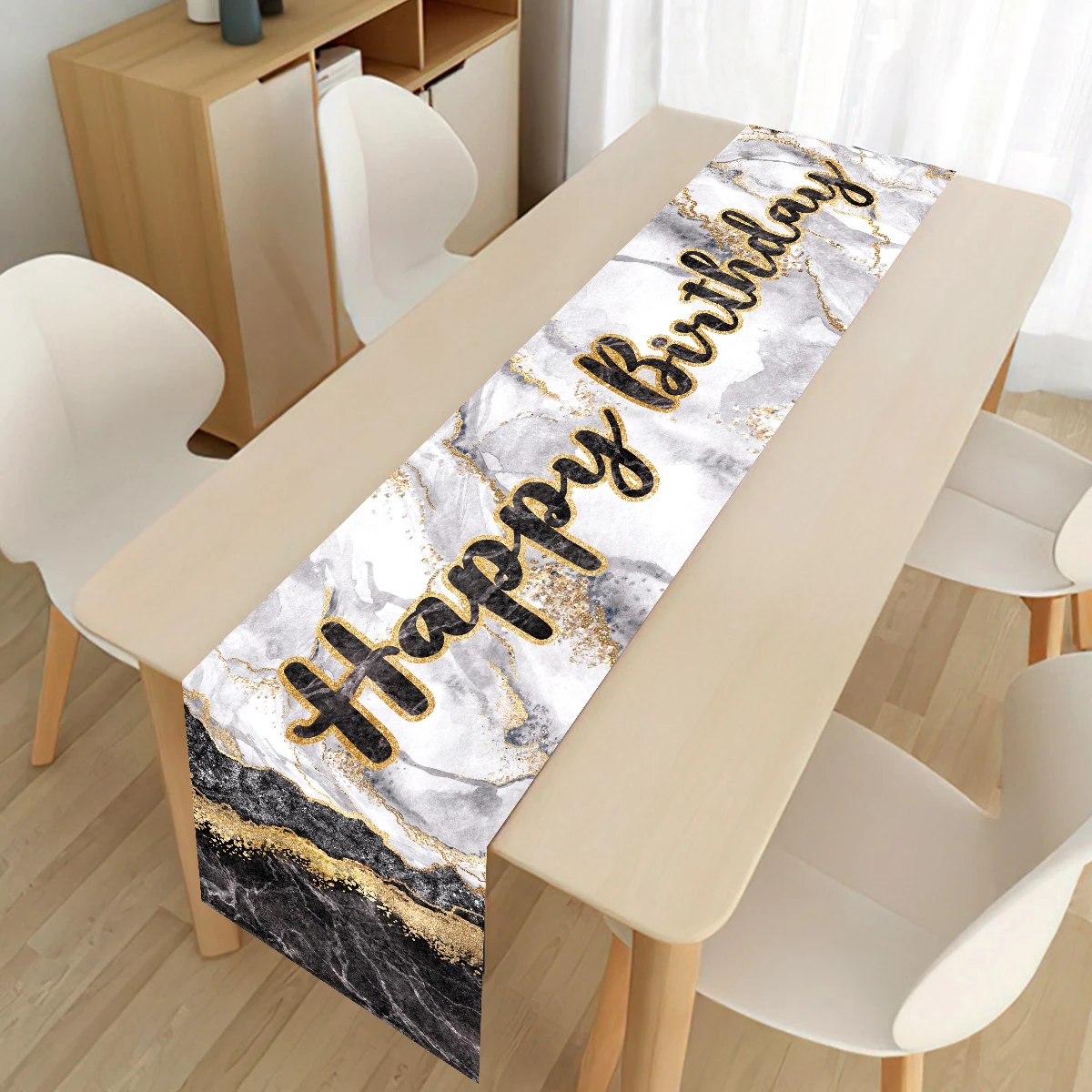 

Marble Style Polyester Birthday Tablecloth Table Runner Boy And Girl's Birthday Coming-Of-Age Ceremony Baby Shower Party Decor