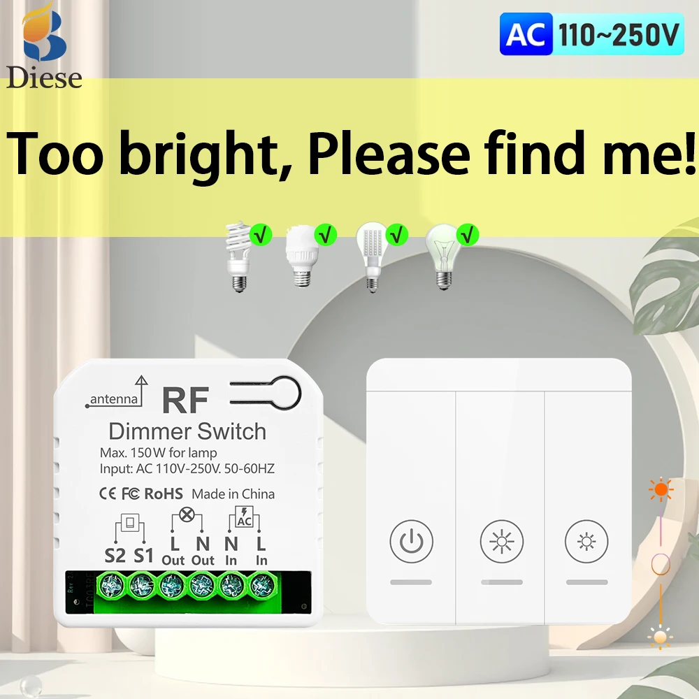 RF433mhz AC110V 220 فولت اللاسلكية باهتة التبديل سطوع الضوء قابل للتعديل التحكم عن بعد للمنزل مصباح ليد ضوء الهالوجين يعتم