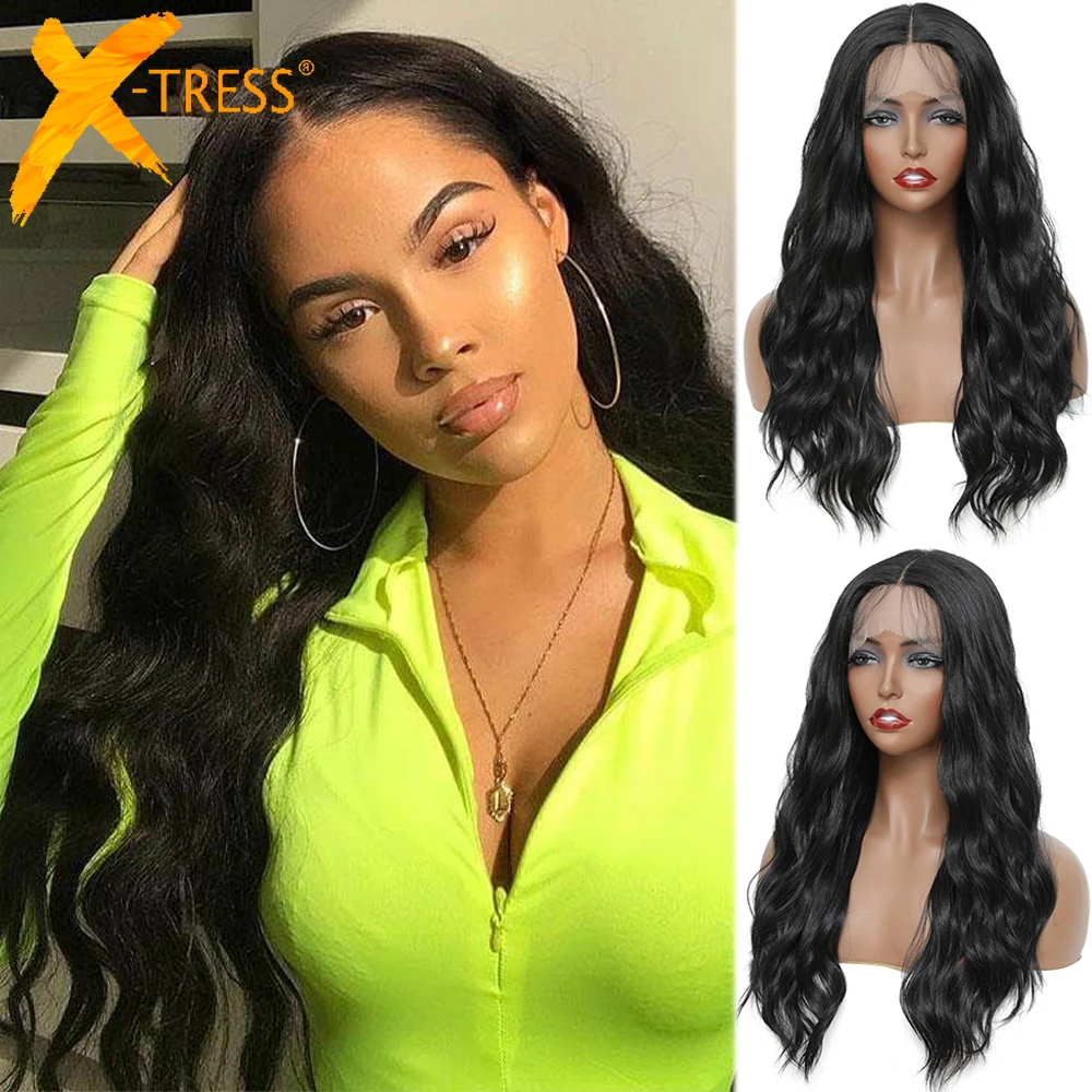 Perruque Lace Front Wig synthétique ondulée X-TRESS naturelle, perruque Lace Wig à Part libre de longueur moyenne pour femmes, perruque quotidienne douce et moelleuse de couleur noire