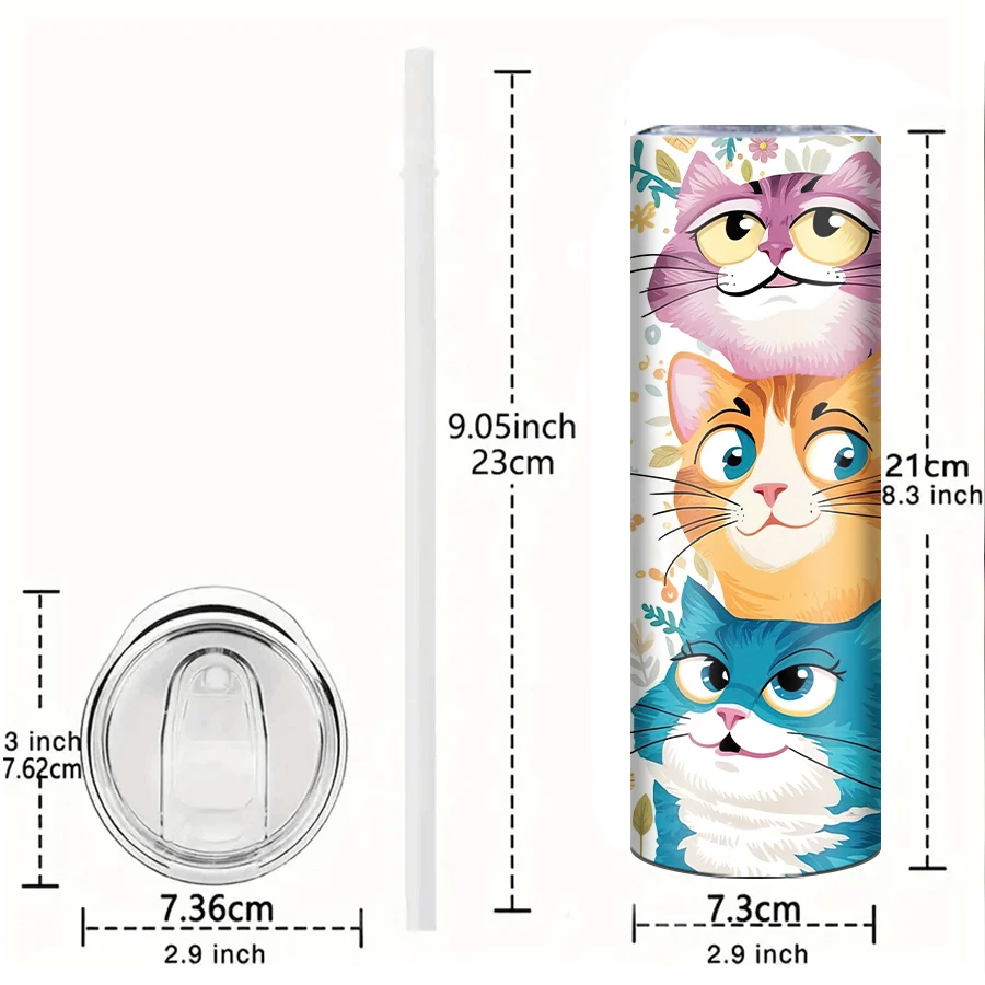 20oz 3D Print Cute Cat Tumbler Straw Lid 1Pc Stainless Steel Insulated Water Mugs Family Party Festive Supplies Birthday Gifts view 5