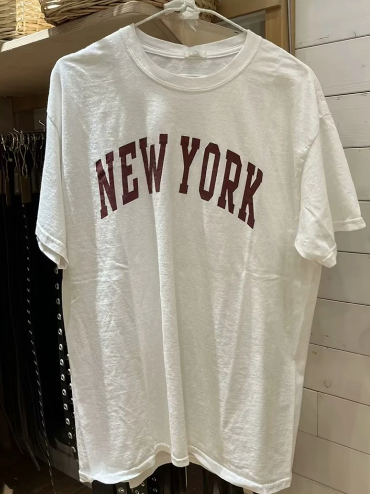 Casual Women Soft Cotton White NEW YORK Printed Loose Tees 2023 Summer Vintage O Neck Short Sleeves Female Chic Tops