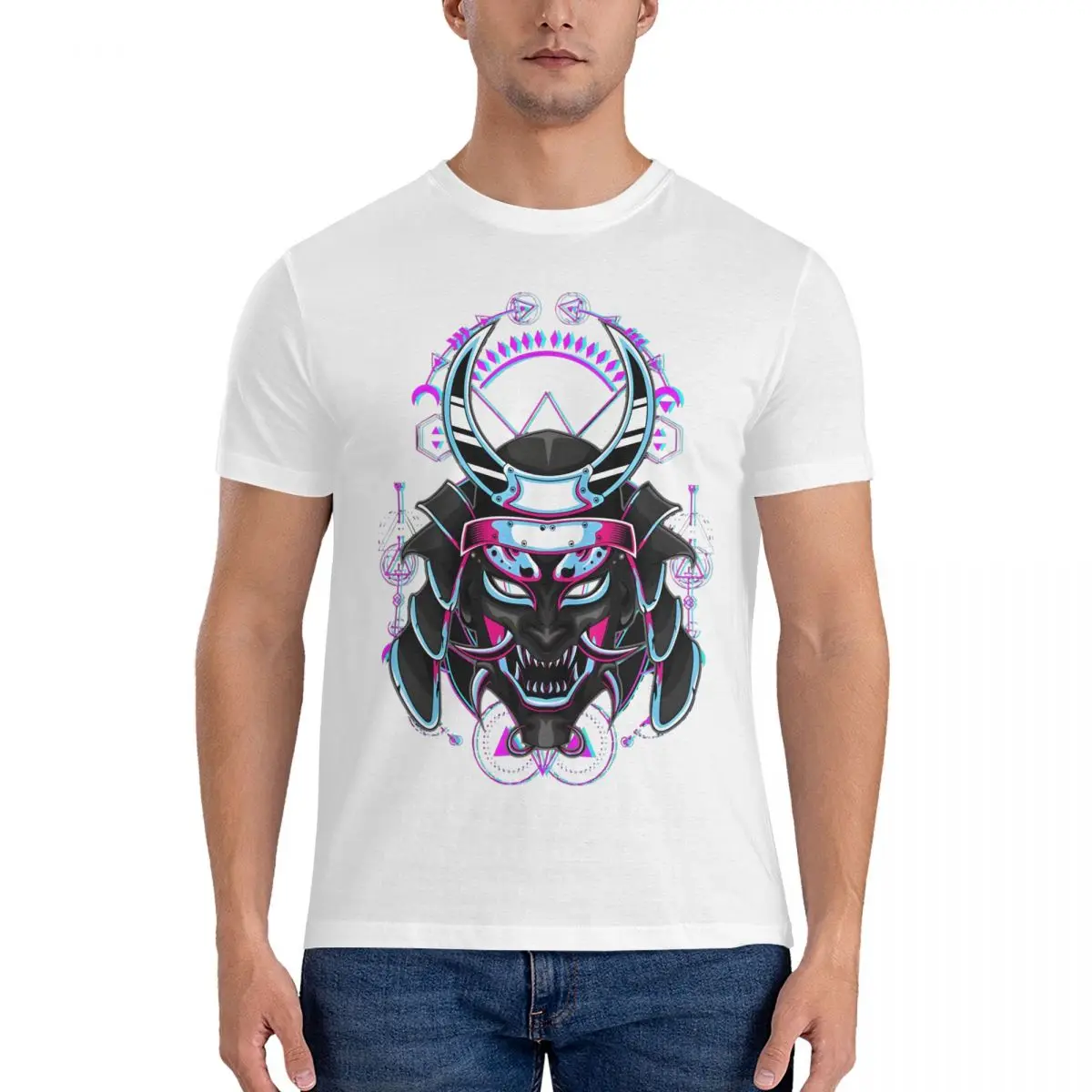 Yokai Masked Samurai Skull Purple Blue Geometry Glitch Effect Hannya T Shirt Cotton Unique T-Shirt Round Collar ONI Tees Short