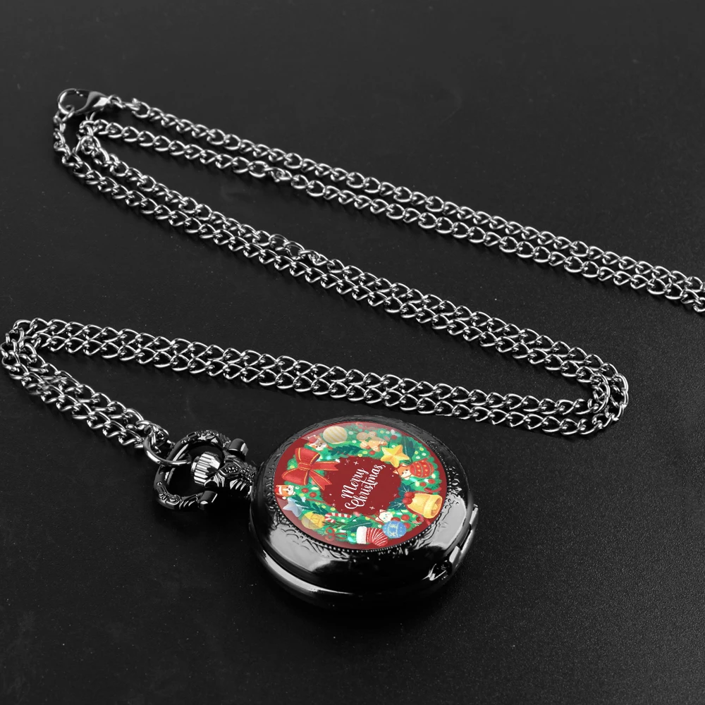 Merry Christmas Santa Claus Glass Dome Quartz Pocket Watch With Durable Chain Arabic Numeral Dial Extraordinary Gifts for Kids