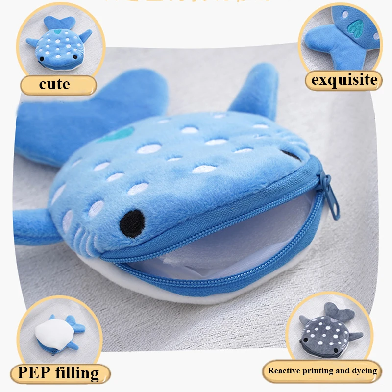 Cute Blue Small Whales Coin Purse Plush Zipper Coin Wallet Shark Shape Designer Women\'s Wallet Change Purse Key Earphone Pouch