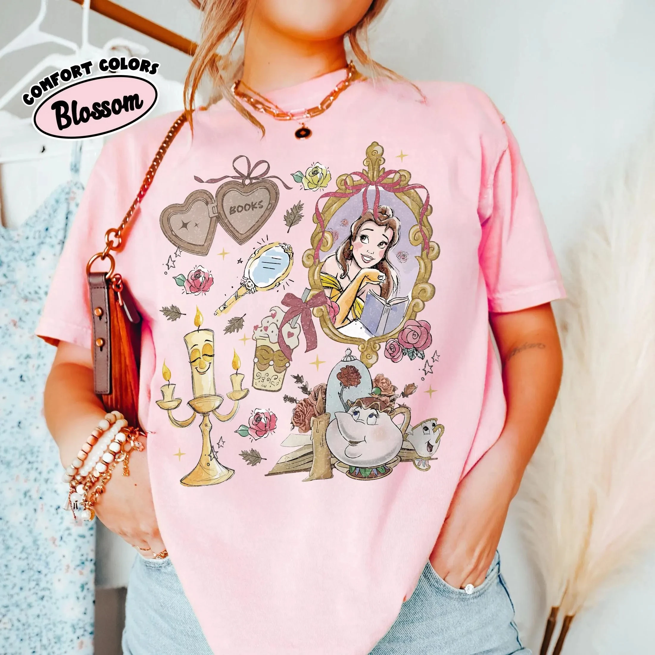 เสื้อยืดผู้หญิงลายดิสนีย์เรโทร เบลล์ เจ้าหญิงในเทพนิยาย วินเทจ ผ้าฝ้าย แขนสั้น ยูนิเซ็กส์ สตรีทแวร์ ทรงโอเวอร์ไซส์ หลวม สบายๆ มีสไตล์