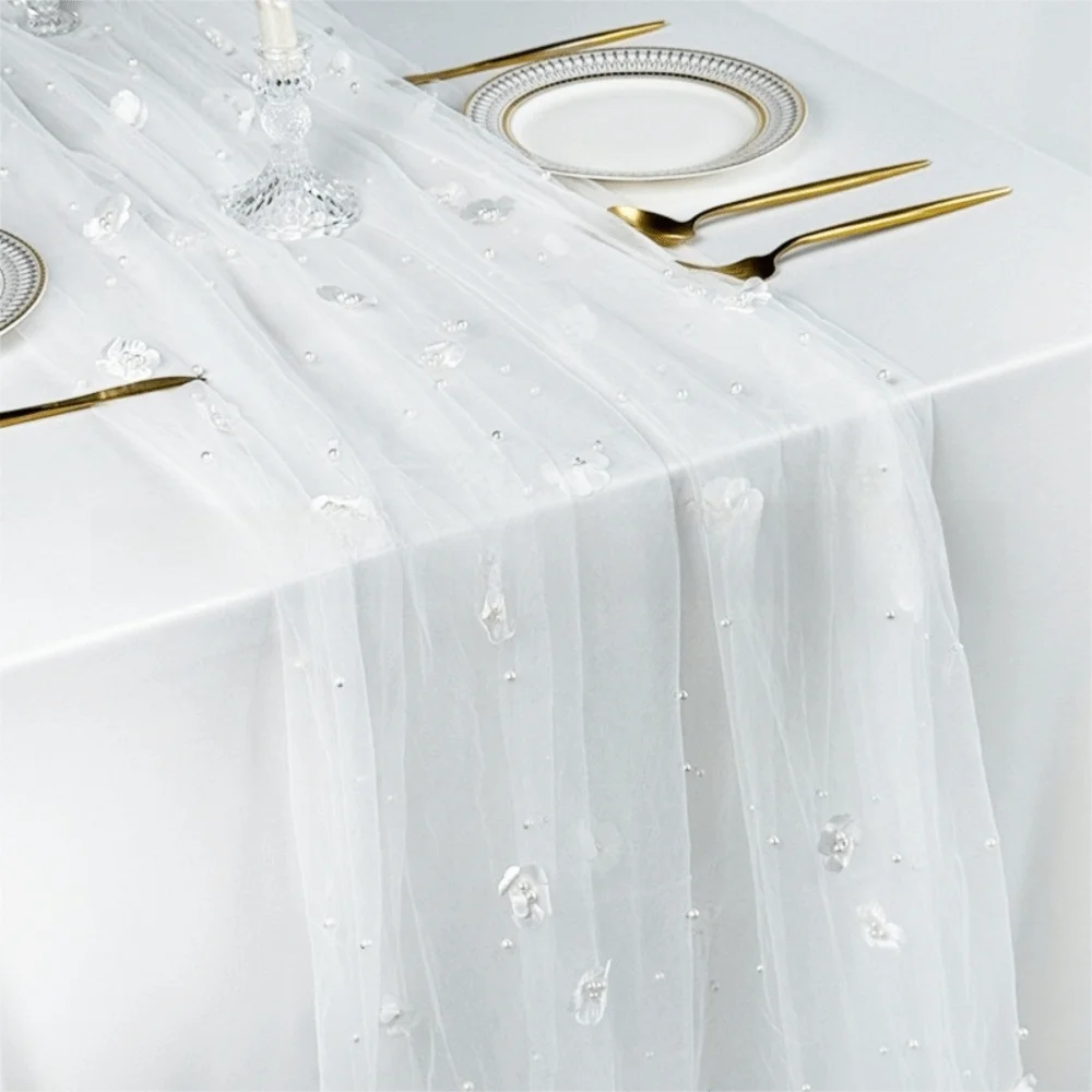 75*300CM Tulle Table Runner Polyester Semi-Transparent Lace Table Runner Romantic Elegant Sheer Table Cover For Table Decoration