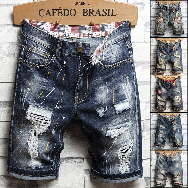 

Summer Ripped Denim Shorts Men's Y2K Hip Hop Rock Retro Patchwork Hole Short Jeans Fashion Streetwear Harajuku Destroyed Pants