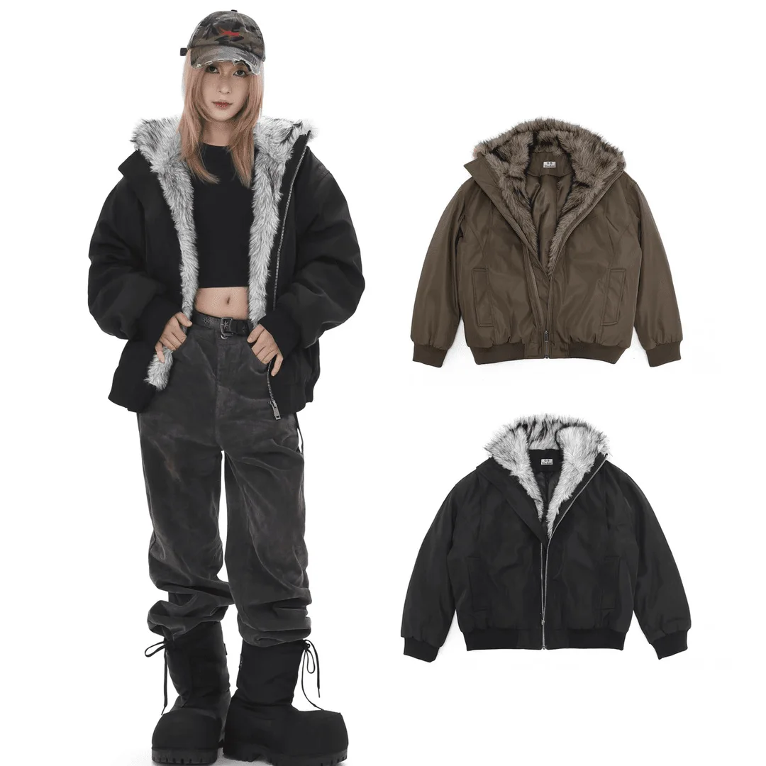 

Unisex Eagle Fur Hooded Puffer Coat Winter Couple Thick Fleece Lined Warm Jacket High End Cotton Coat​