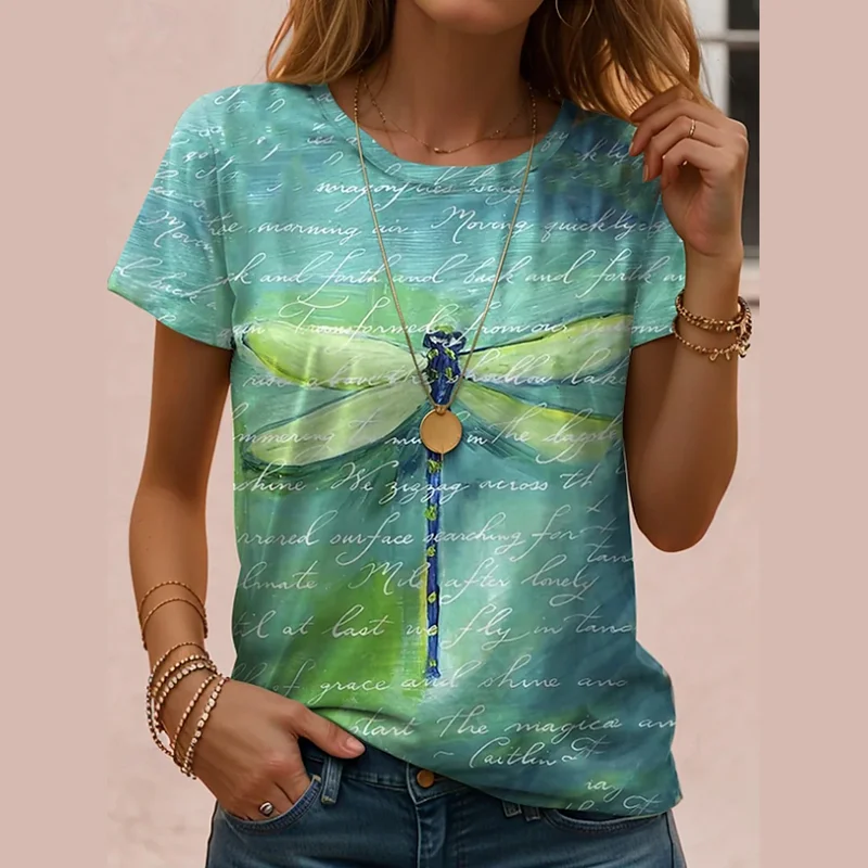 Boho Ethnic Style Women's T-shirt Dragonfly Print Short Sleeve Tee Summer Casual O-neck Loose Top Street Hip Hop Female Clothing