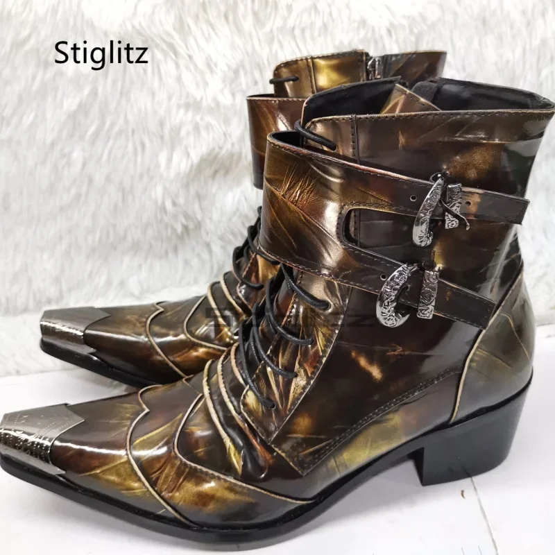 

Double Buckle Ankle Bronze Boots for Men Metal Toe Zipper Patent Leather Mixed Colors Short High Heel Boots Pleated Shoes