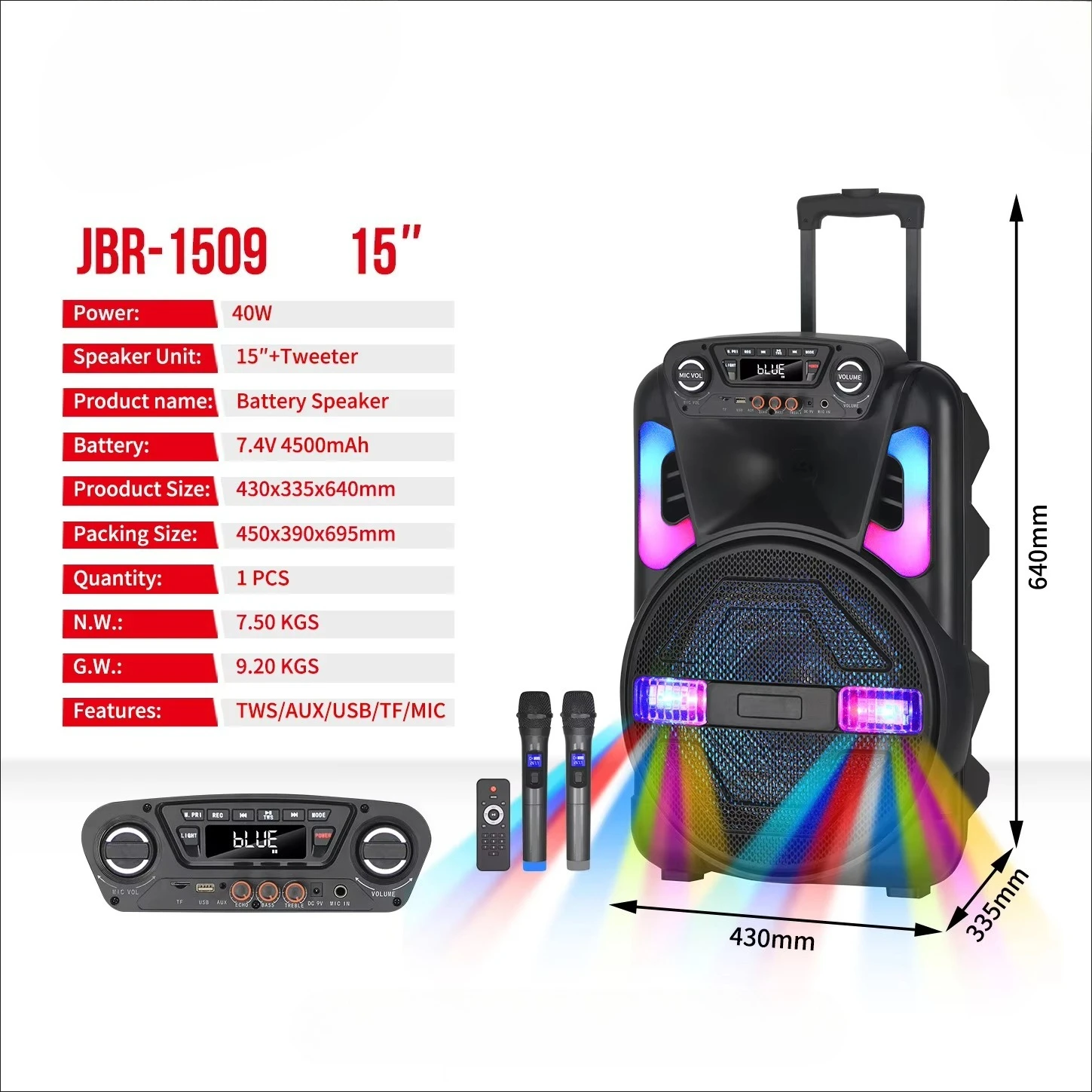 1509 15-Inch Portable Wireless DJ Speaker with RGB LED Lighting Microphone Battery-Powered Stage for Outdoor Square Dance