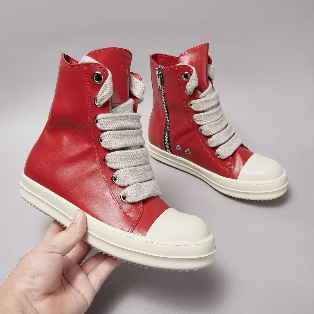 Ricks Men Shoe Red Leather High Top Shoe Jumbo Laces Women Sneaker Owens Casual Shoe Owen Design Zipper Ankle Boot Flat Sneakers