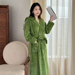 Female Autumn and Winter Warm Long Hooded Velvet Thick Bath Bathrobes Women Pajamas Shower Robe Bath Towel For Adults