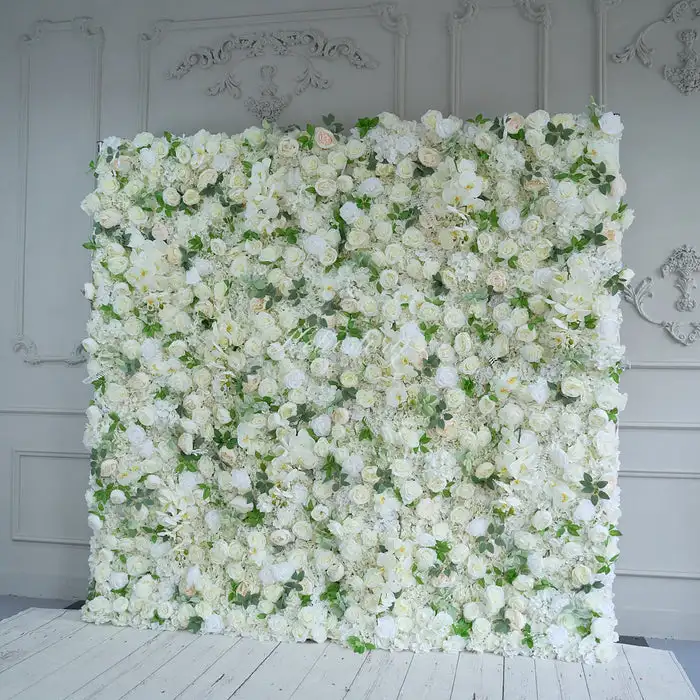 White rose with green leaves 3D Cloth Flower Wall Wedding Backdrop Fabric Floral Green Plant Wall Display Event Party Props