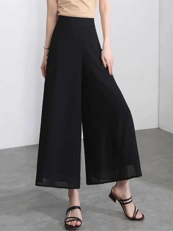 Women Side Slit Chiffon Pants Summer Thin Elastic Waist Wide Leg Pants Chic  Droop Trousers Chinese Style Nine Point Pants - AliExpress 200000345