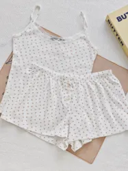 Sweet Floral Print Tank Shorts Sets Women Summer New Cotton Slim Camis+Buttons Short Pants Cute Cozy Home Pajama 2 Piece Set Y2K