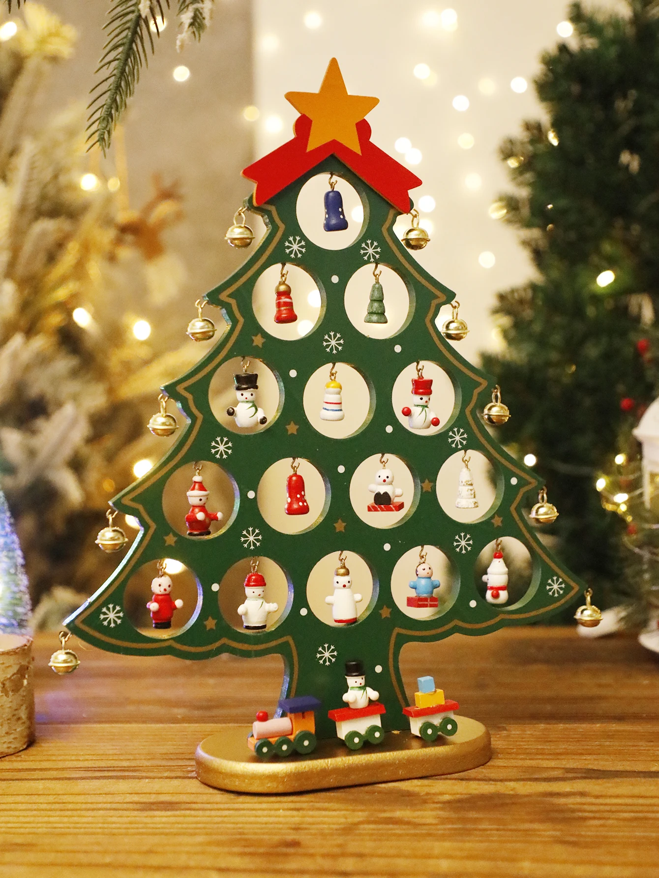 5-layer Hand Wooden Christmas Tree Ornament With Bells Festive Green Tabletop Holiday Decor Table Centerpiece Christmas Supplies