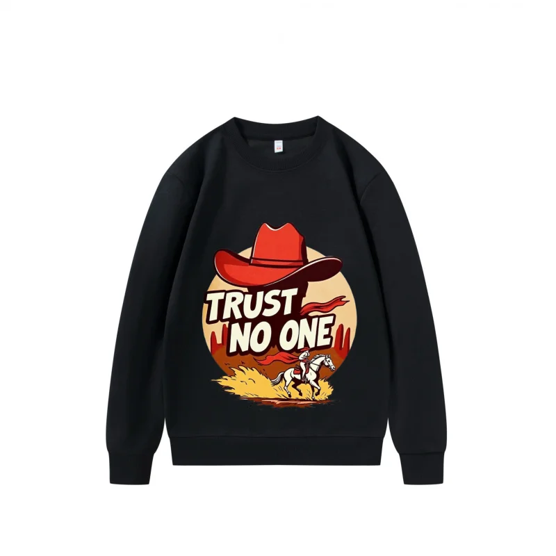 سويت شيرت رجالي أسود Trust No One قبعة رعاة البقر الحصان الصبار مشهد الصحراء جرافيك طباعة بلوزة كاجوال للارتداء اليومي #1