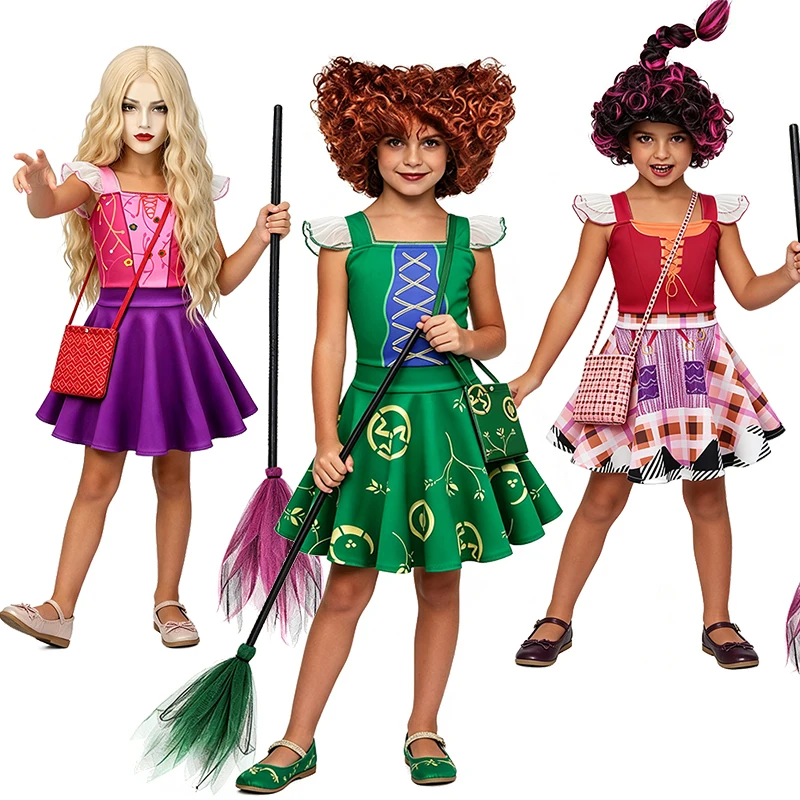 Sanderson Sister Witch Dress for Girls Halloween Cosplay Masquerade Performance Children's Costume Carnival Party Kids Clothes