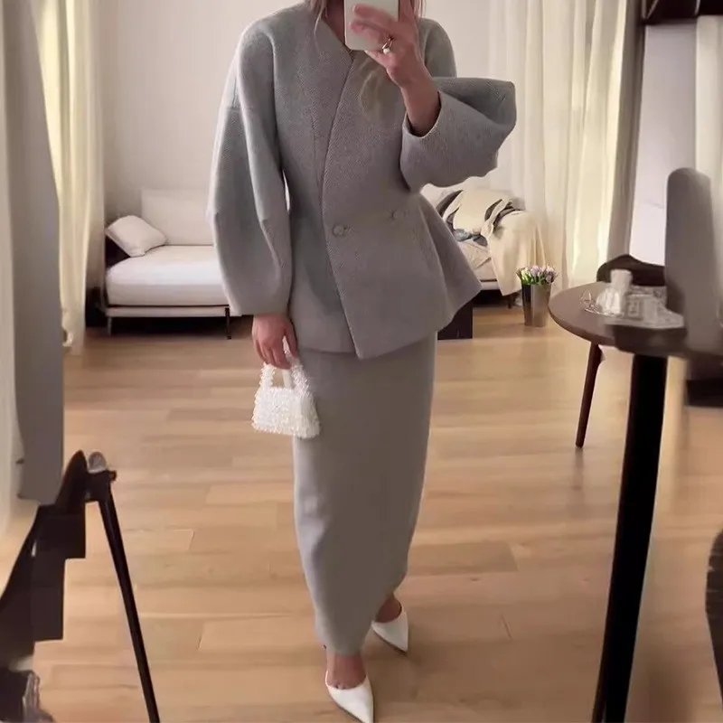 Chic Women's Autumn Winter 2-Piece Puff Sleeve Coat & Skirt Set