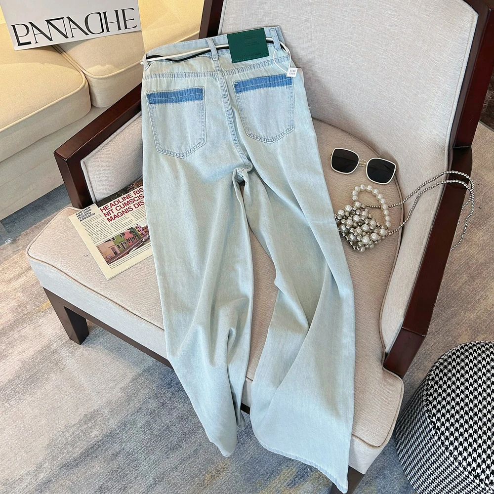 Design sense super heavy, washed with contrasting color pockets, double waist rope, high waist, straight wide leg denim pants