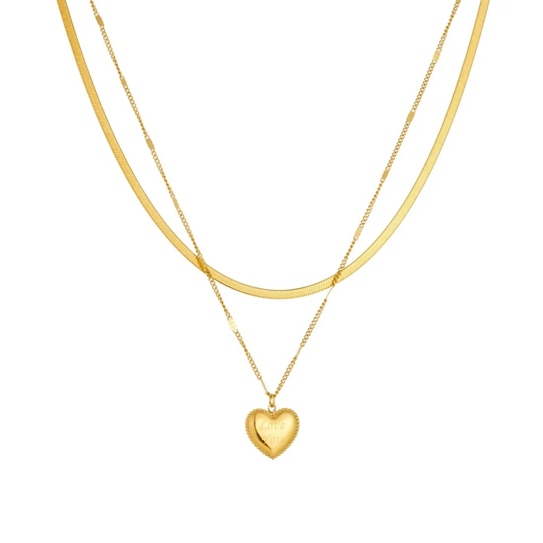 

Punk Fashion Love Heart Pendant Female Gold Color Stainless Steel Double Layered Flat Snake Chain Necklace for Women Jewelry