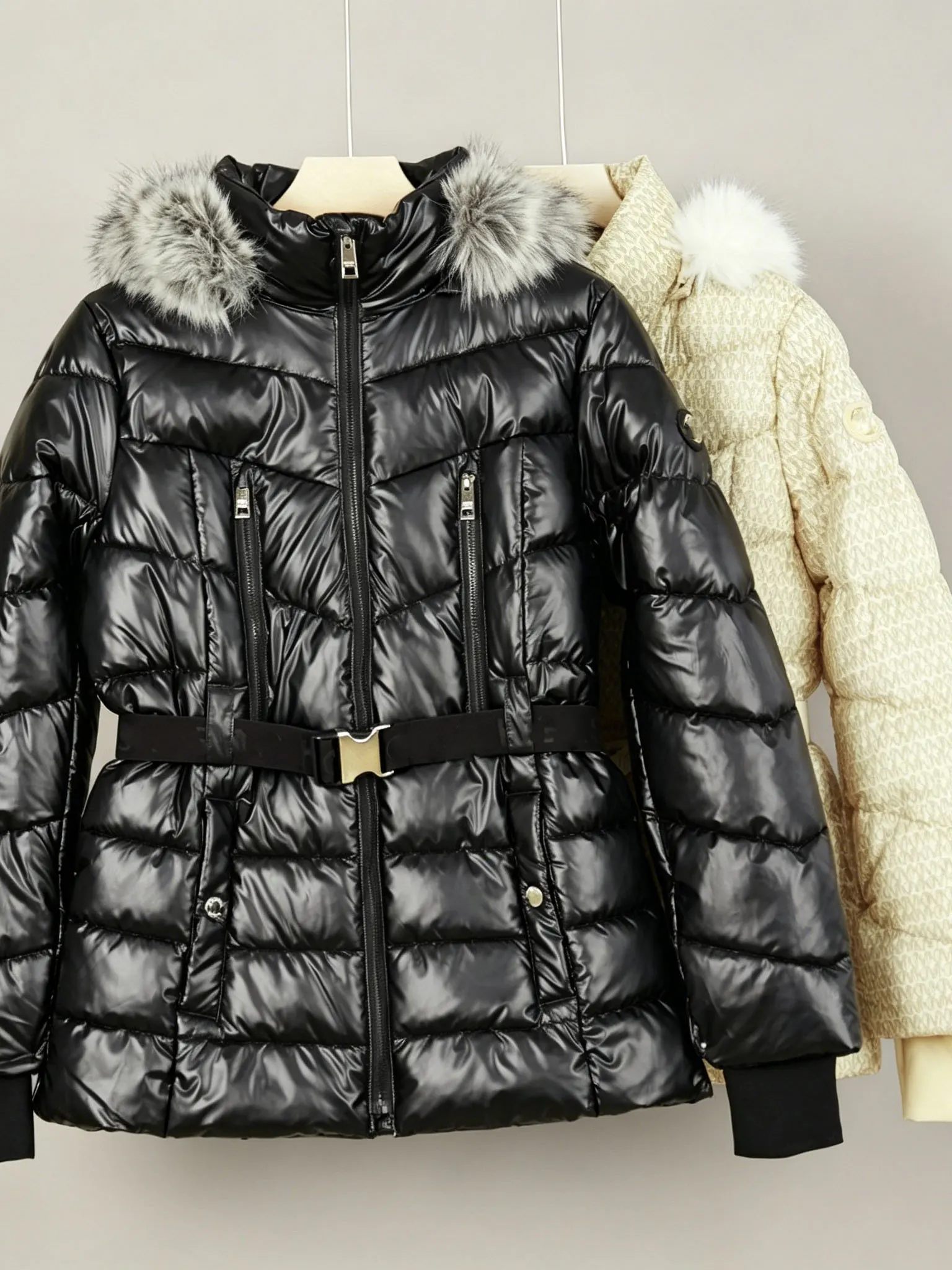 Women's Thickened Smooth Hooded Removable Fur Collar Waist-Cinching Cotton Jacket Windproof Warm Cotton Coat Casual Wear