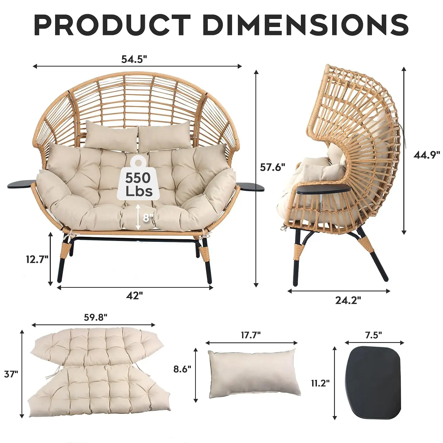 Double Wicker Egg Chair Outdoor Indoor - 2-Person Oversized Loveseat with 8