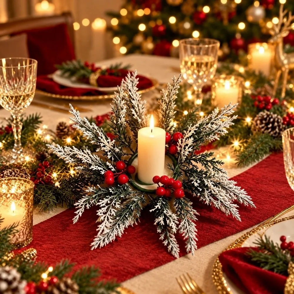 Red Berry Christmas Wreath Candlestick DIY Pine Needle Wreath Candle Holder Home Ornaments Table Decoration
